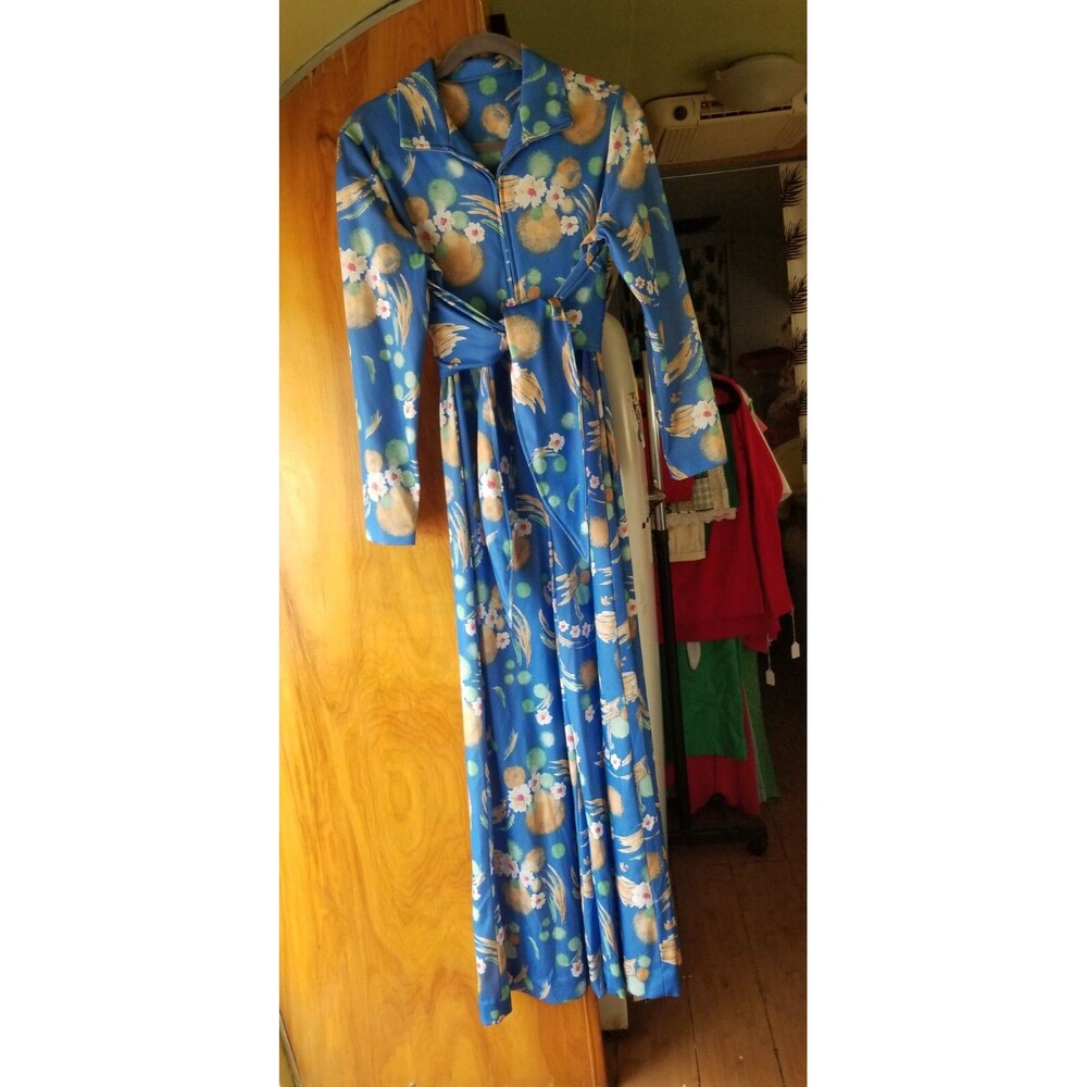 Vintage 1970s or 1980s Lounge jumpsuit – Blue Floral Abstract Print – VTG